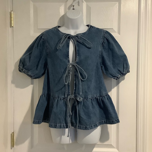 ASOS Tops - ASOS Denim Ruffled Bow Tie Top